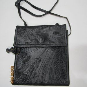 J.L. SALDIVAR Tooled Leather Black Trifold Crossbody Boho Western Purse